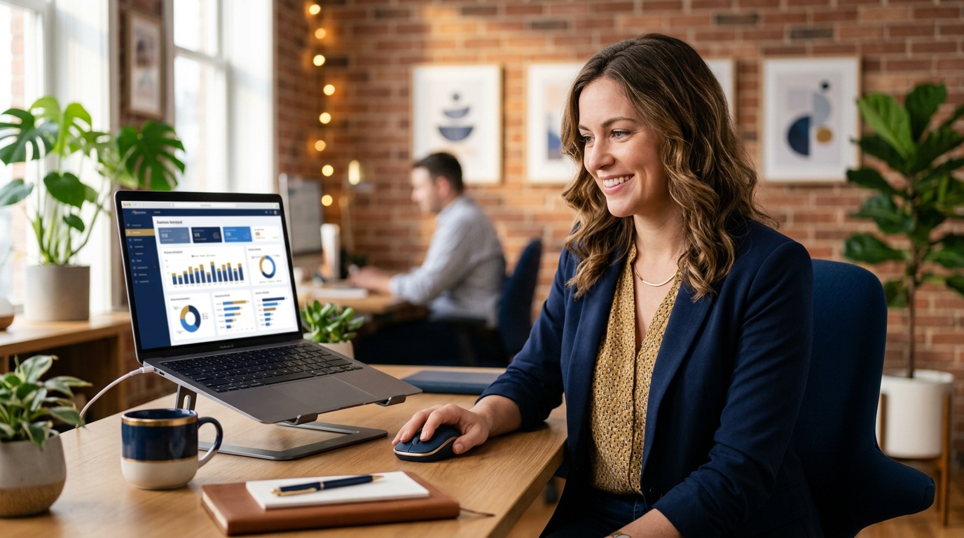 Office manager reviewing local marketing and CRM performance on a laptop