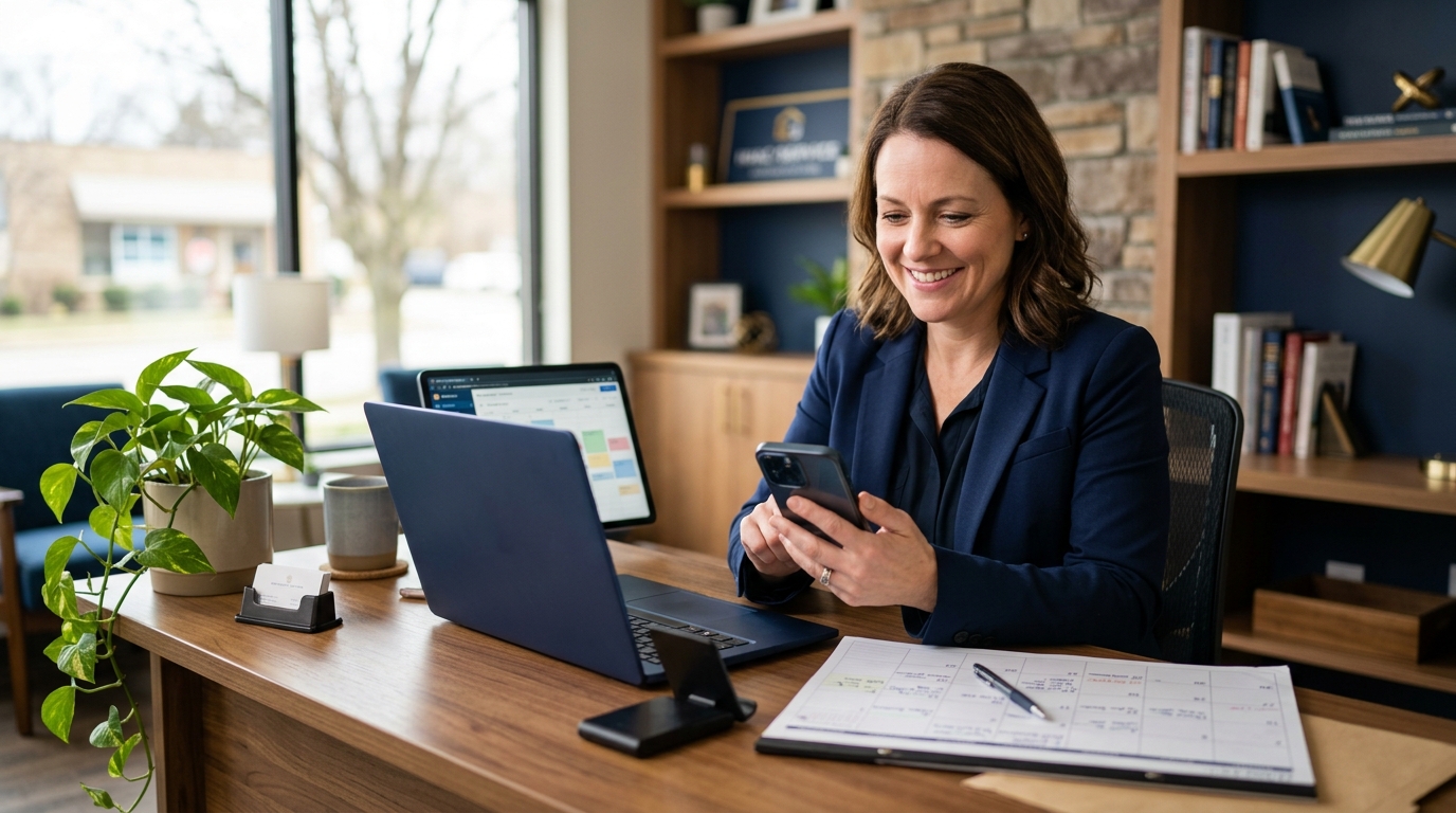Local business owner reviewing appointment requests at a front desk