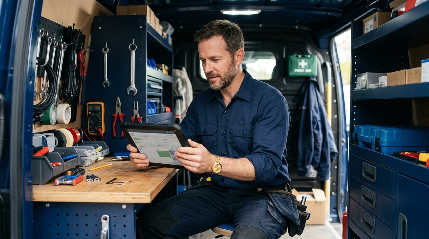 Service technician checking scheduled appointments on a tablet